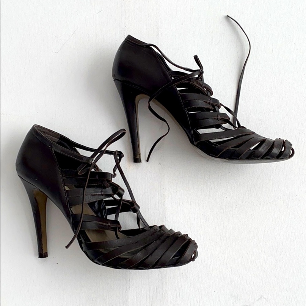 Zara Leather Laced Heels Shoes Brown 39